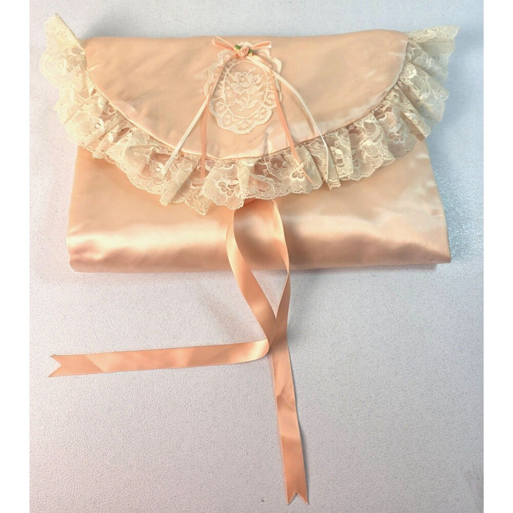 Vintage SCENTIQUE Peach Satin Lace Travel Jewelry Pouch Envelope Roll Organizer